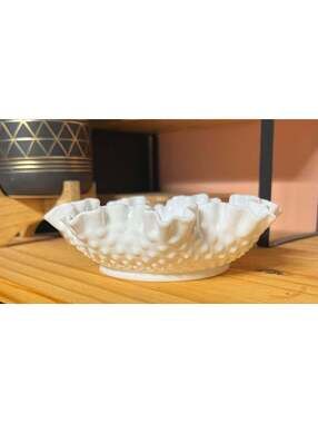 Vintage Pre-Logo Fenton White Hobnail Milk Glass Flared Ribbon Edge Shallow Bowl